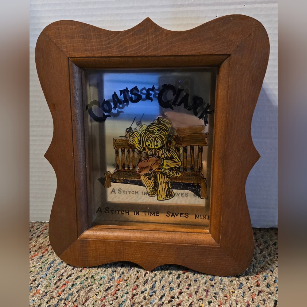 Coats & Clark A Stitch In Time Saves Nine Wood Mirrored Shadowbox Vintage